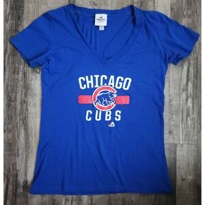 Majestic T-Shirt Womens L Blue Chicago Cubs MLB V-Neck Graphic Short Sleeve